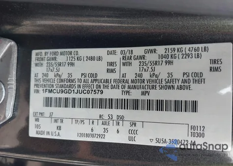2018 Ford Escape Se from USA, damaged, VIN 1FMCU9GD1JUC07579